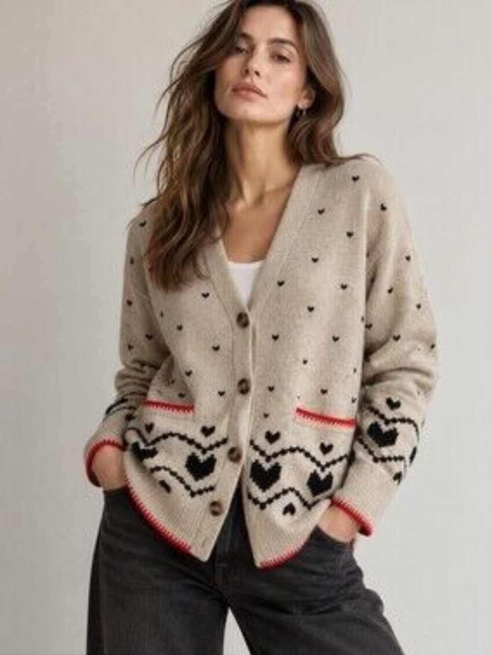 Monrow Heart-Pattern Button Cardigan Sweater Size Small